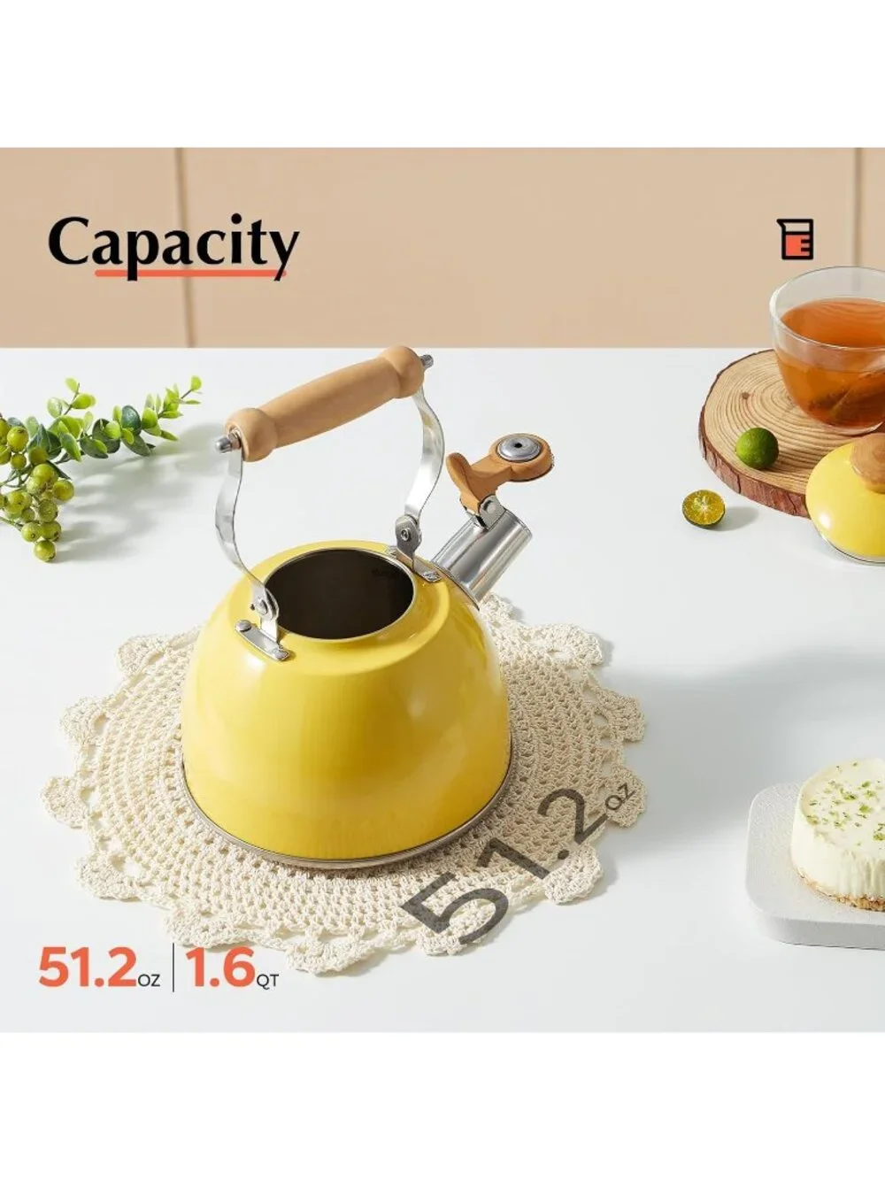 ROCKURWOK 1.6 Quart Yellow Whistling Tea Kettle Stainless Steel Stovetop Tea Pot